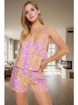 Yazlık Çiçek Desenli Viskon Pijama Takımı Ince Askılı Atlet ve Şort Günlük Kullanım Için