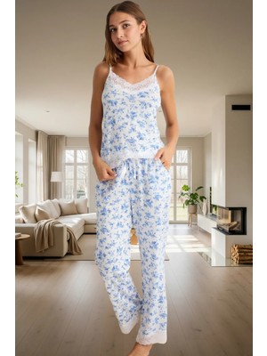 Ince Askılı V Yaka Dantelli Viskoz Örme Pijama Takımı 2'li Rahat ve Şık Kaliteli Işçilik