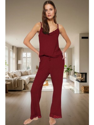 Ince Askılı V Yaka Dantelli Viskoz Örme Pijama Takımı 2'li Rahat ve Şık Kaliteli Işçilik