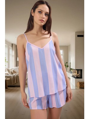Yazlık Viskon Pijama Takımı Çizgili Desen Ince Askılı Regular Kalıp Ev Giyim Konforu