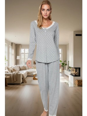 Rahat Pijama Takımı Pamuklu Örme Puantiyeli Desen Dantel Detay Günlük Kullanım Için