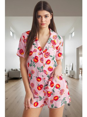 Yazlık Çok Meyve Desenli Viskoz Pijama Takımı Modern Stil Konforlu Kesim Kaliteli Işçilik