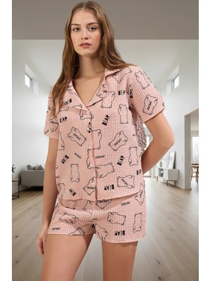 2'li Ayıcıklı Gömlek Şort Pijama Takımı Yazlık Gofre Dokuma Günlük Kullanım Için