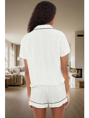 Shally Dokuma %100 Viskoz Biyeli Detaylı Rahat Ev Giyim Pijama Takımı Şık Görünüm