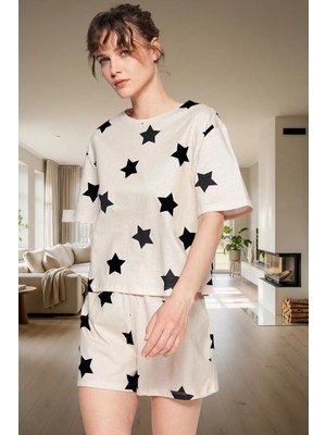 Yazlık %100 Pamuklu Pijama Takımı Yıldız Desenli Rahat Şort Kaliteli Işçilik Profesyonel Görünüm