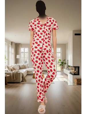 Evde Rahatlık Için Pamuk Polyester Örme Pijama Takımı Çilek Desenli Konforlu Kesim