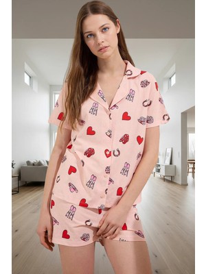 Yazlık Pamuk Örme Pijama Takımı Kalpli Kovboy Desenli Regular Kalıp Günlük Kullanım Için