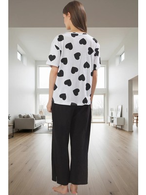 Ilkbahar Sonbahar Için %100 Pamuk Homewear Pijama Takımı; Kalpli Desen V Yaka Regular Kalıp