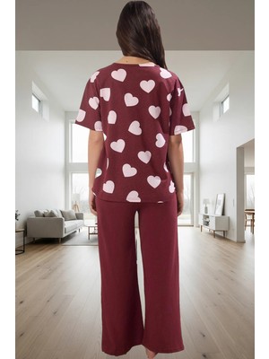 Ilkbahar Sonbahar Için %100 Pamuk Homewear Pijama Takımı; Kalpli Desen V Yaka Regular Kalıp