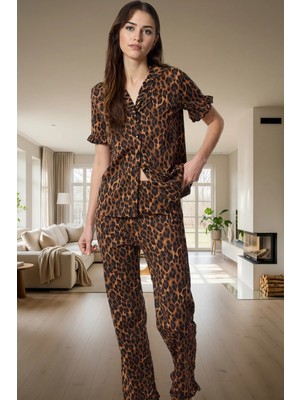 Rahat %100 Pamuklu Leopar Pijama Takımı Kısa Kollu Gömlek ve Boru Paça Pantolon Zarifane Tasarım