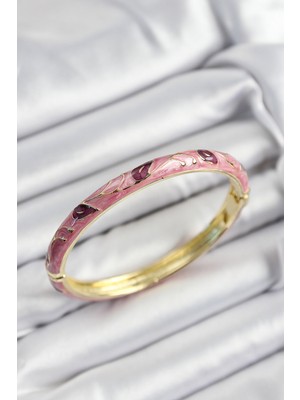 Mineli Pirinç Pembe ve Fuya Yaprak Motifli Gold Renk Kadın Kelepçe