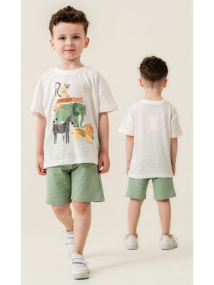 Erkek Çocuk Dokuma Baskılı T-Shırt Lastikli Bel Cepli Şort Takım