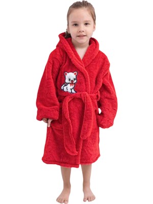 Kırmızı Kedi Nakışlı Kız Genç Çocuk Sabahlık