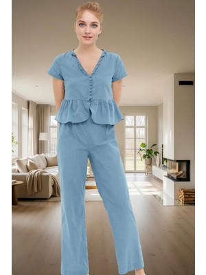 Kadın V Yaka Fırfırlı Viskoz Pijama Takımı Rahat Günlük Kullanım Için
