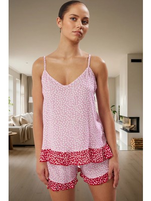 Kadın Viskon Şortlu Pijama Takımı Puantiyeli Desen V Yaka Regular Kalıp Yazlık Özenle Seçilmiş