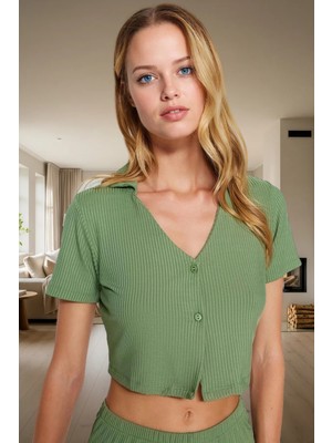 Kadın Fitilli Crop Şortlu Pijama Takımı Yazlık Regular Kalıp Trend Tasarım Seçkin Malzeme