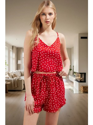 Kadın Viskon Pijama Takımı Puantiyeli Desenli Ince Askılı Rahat Yazlık Uzun Ömürlü