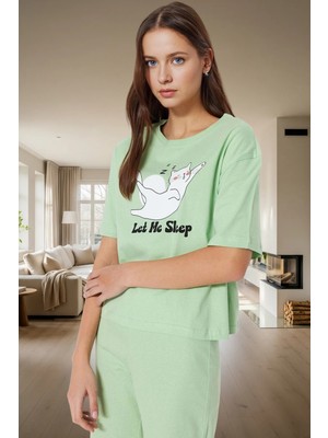 Kadın Pamuklu Rahat Baskılı Pijama Takımı Kısa Kollu Tişört Pantolon Kullanım ve Şık