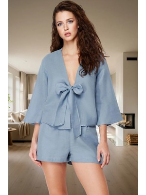 Kadın Pamuklu Müslin Pijama Takımı Şal Yaka Truvakar Kol Geniş Paça Profesyonel Görünüm