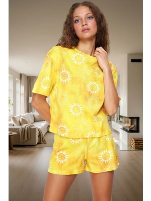 Kadın Yazlık %100 Pamuklu Güneş Desenli Kısa Kol Pijama Takımı Mükemmel Uyum Profesyonel Görünüm