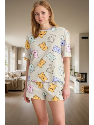 Kadın Ayıcıklı Pamuklu Pijama Takımı Renk Rahat Kalıp Yazlık Trend Tasarım Profesyonel Görünüm