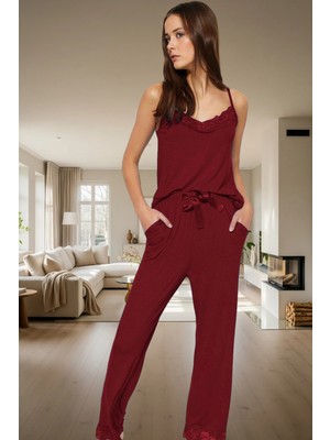 Kadın Viskon Pijama Takımı Dantel Detay Ince Askılı Rahat Lounge Uzun Ömürlü Şık Görünüm