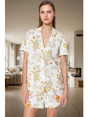 Kadın Yazlık Çiçek Desenli Pamuklu Pijama Takımı Rahat Kalıp Kısa Kollu Trend Tasarım