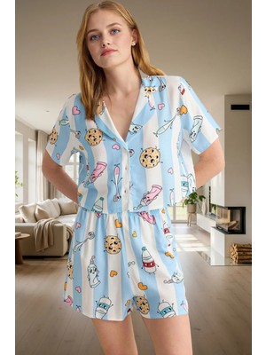 Kadın Yazlık Viskoz Pijama Takımı Şortlu Baskılı Rahat Ev Giyim Seti Konforlu Kesim