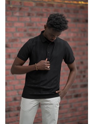 Regular Fit Likralı Kendinden Çizgili Polo Yaka T-Shirt