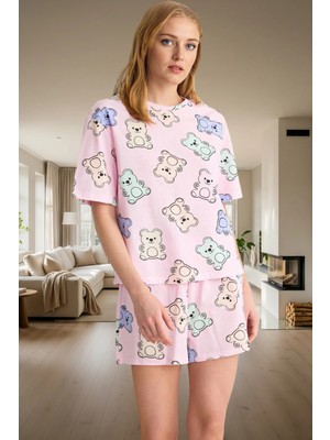 Kadın Ayıcıklı Pamuklu Pijama Takımı Renk Rahat Kalıp Yazlık Trend Tasarım Profesyonel Görünüm