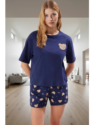 Kadın Ayıcıklı Desenli Pamuklu Pijama Takımı Kısa Kollu Regular Kalıp Yazlık Yüksek Kalite