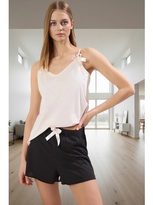 Kadın Rahat Viskoz Örme Pijama Takımı Ince Askılı Puantiyeli Desen Regular Kalıp Zarif Tasarım