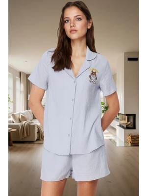 Kadın Nakışlı Regular Pijama Takımı Polyester Kumaştan Rahat Uyku Için Kaliteli Işçilik