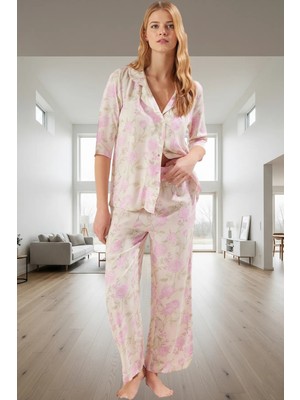 Kadın Çok Çiçekli Viskon Pijama Takımı Rahat Shally Dokuma Boru Paça Zarif Tasarım