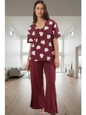 Kadın %100 Pamuklu Kalpli Pijama Takımı Rahat V Yaka Kısa Kollu Homewear Profesyonel Görünüm