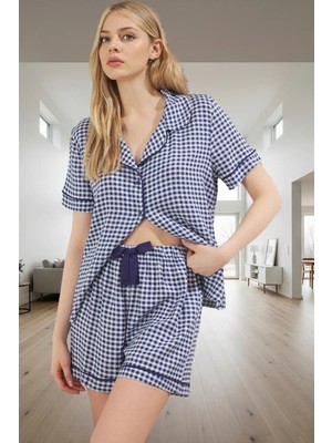 Kadın Ekoseli Kısa Kollu Viskoz Pijama Takımı Yüksek Kalite Rahat ve Şık