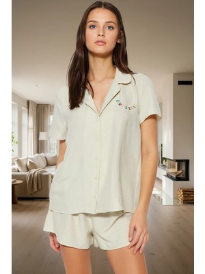 Kadın Nakışlı Saten Pijama Takımı Rahat Yazlık Ev Giyim Seçkin Malzeme Uzun Ömürlü