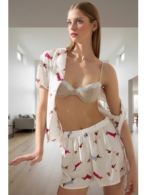 Kadın Viskon Pijama Takımı Köpek Desenli Rahat Yazlık Ev Giyim Seti Modern Stil Seçkin Malzeme