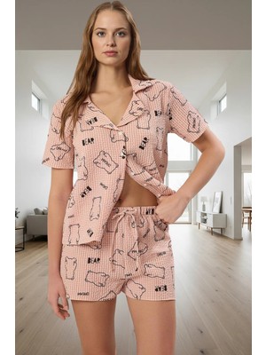Kadın Ayıcıklı Gofre Pijama Takımı Regular Kalıp Yazlık Uzun Ömürlü Rahat Kullanım