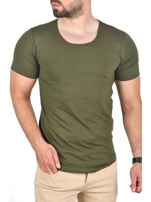 Deepsea Geniş Yaka Likralı Tişört Oval Yaka Slim Fit Eteği Oval Açık Yaka T-Shirt 1801199