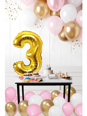 3 Yaş Retro Krom Gold Pembe Beyaz Balon Seti Gold Rakamlı Doğum Günü Balonu Şık Parti Süsleme