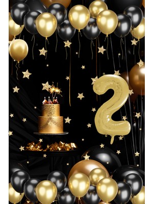 2 Yaş Gold Siyah Balon Seti Gold Rakamlı Doğum Günü Balonu Şık Parti Süsleme