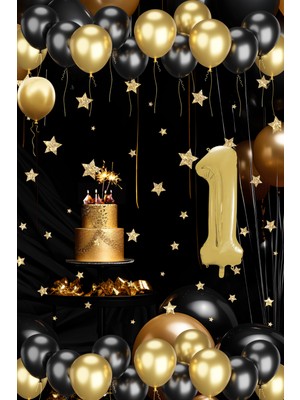 1 Yaş Gold Siyah Balon Seti Gold Rakamlı Doğum Günü Balonu Şık Parti Süsleme