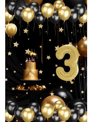 3 Yaş Gold Siyah Balon Seti Gold Rakamlı Doğum Günü Balonu Şık Parti Süsleme