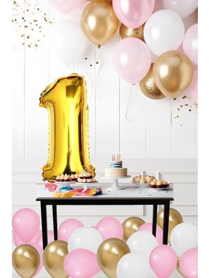 1 Yaş Retro Krom Gold Pembe Beyaz Balon Seti Gold Rakamlı Doğum Günü Balonu Şık Parti Süsleme