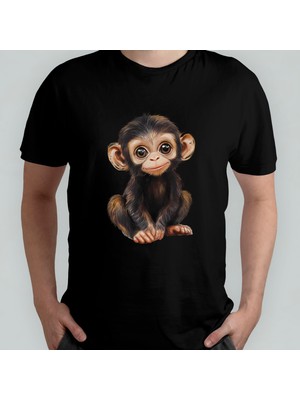 Pixxa Sevimli Maymun Unisex %100 Pamuklu Bisiklet Yaka T-Shirt Model 3