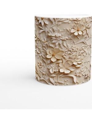 Krem Çiçek Rölyef Desenli Kupa Bardak