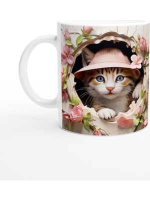 Çatlak Duvardan Bakan Şapkalı Kedi Temalı Baskılı Kupa Bardak