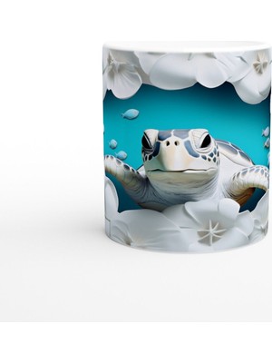 Beyaz Çiçekler ve Mavi Balıklar Arasında Deniz Kaplumbağası Kupa Bardak