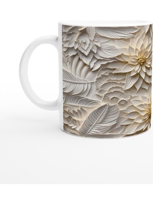 Bej Rölyef Çiçek ve Yaprak Desenli Kupa Bardak